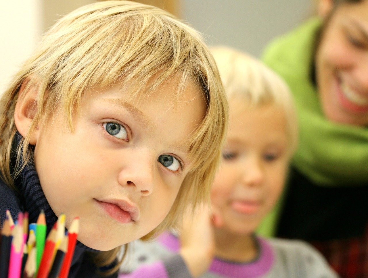 very young student stares at the camera, holding a colored pencil; differentiated learning concept