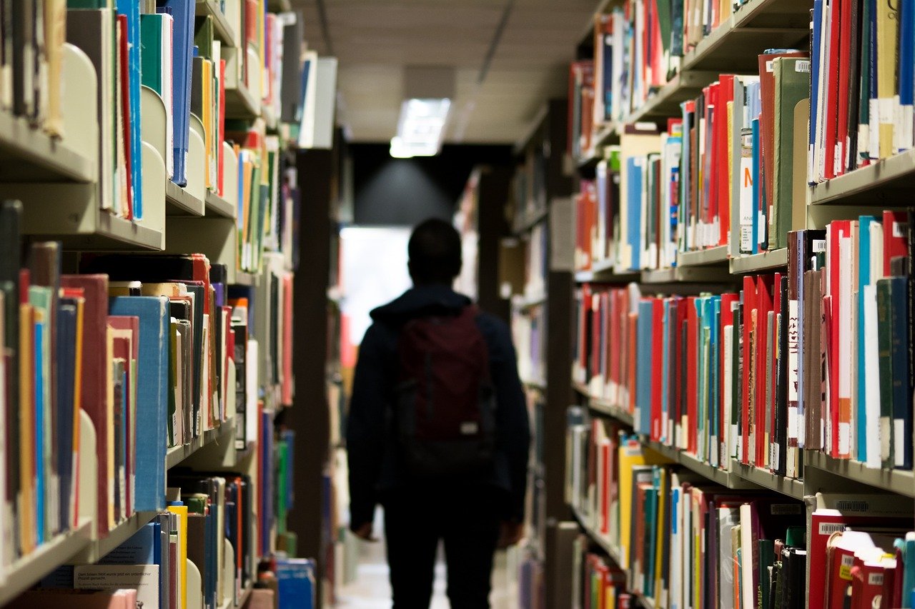 silhouette of student in library stacks; differentiated learning concept