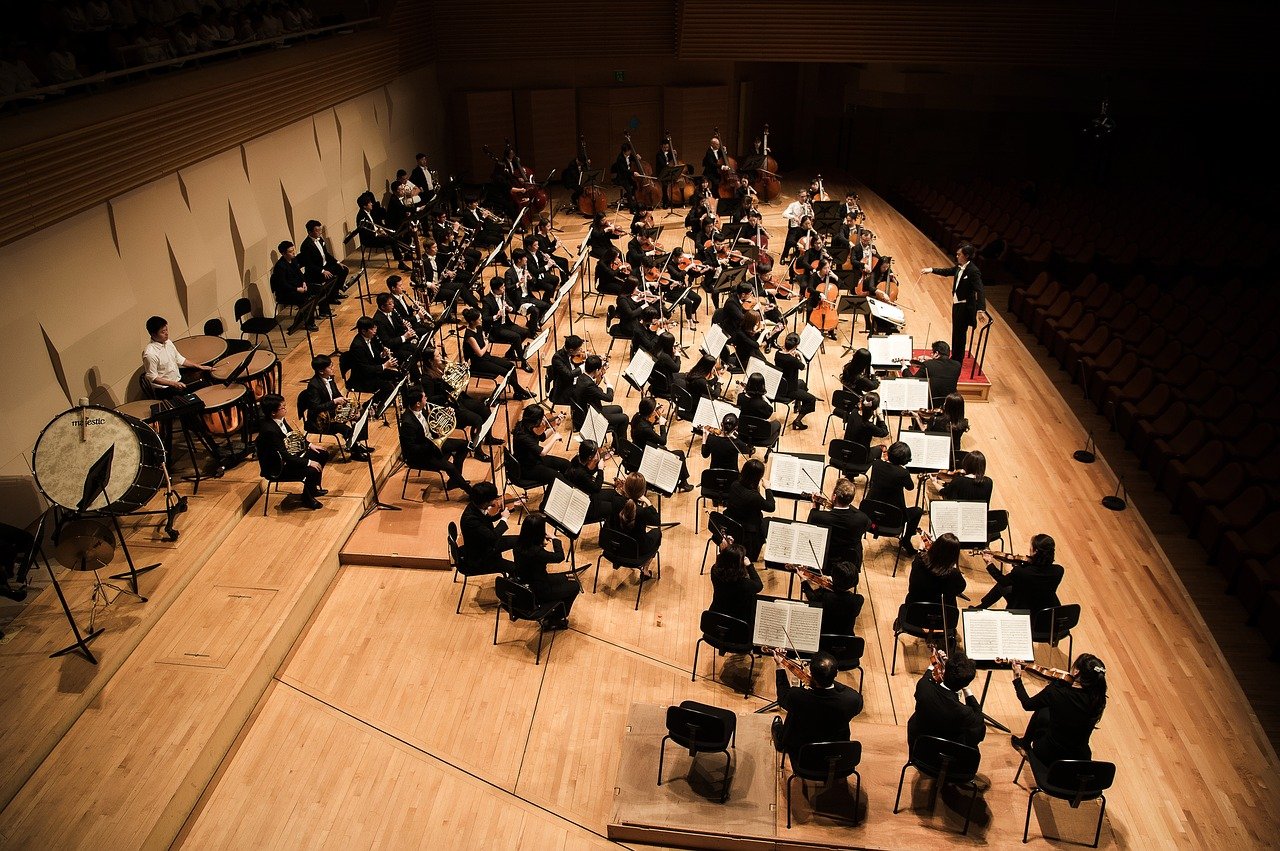 overhead shot of a school orchestra; concept: safe return of arts programs