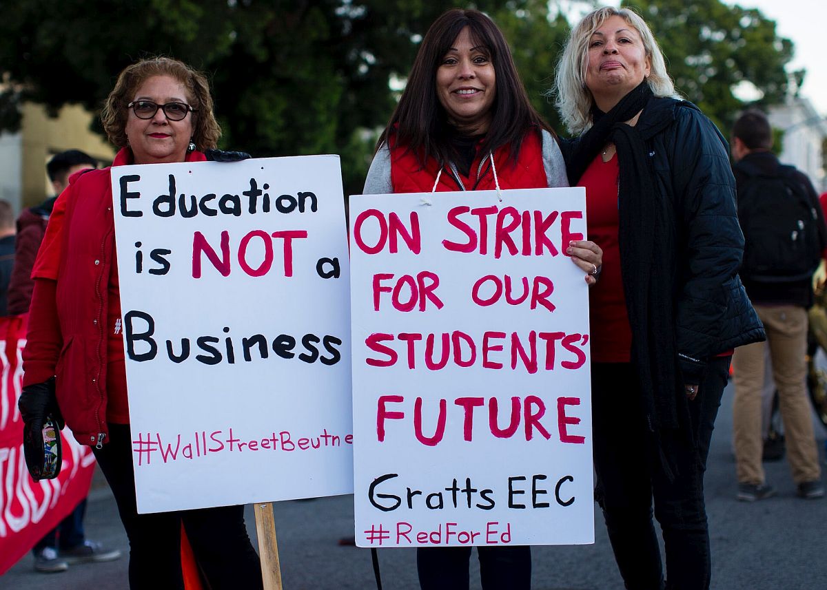 teachers protesting, holding sign that reads on strike for out students' future; labor history lesson plans concept