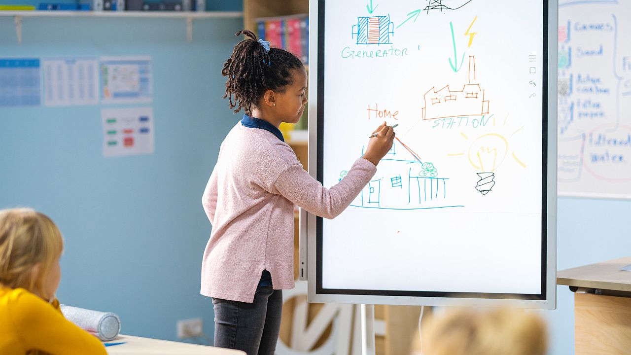Student standing in front of class at a whiteboard; renewable energy lesson plans concept