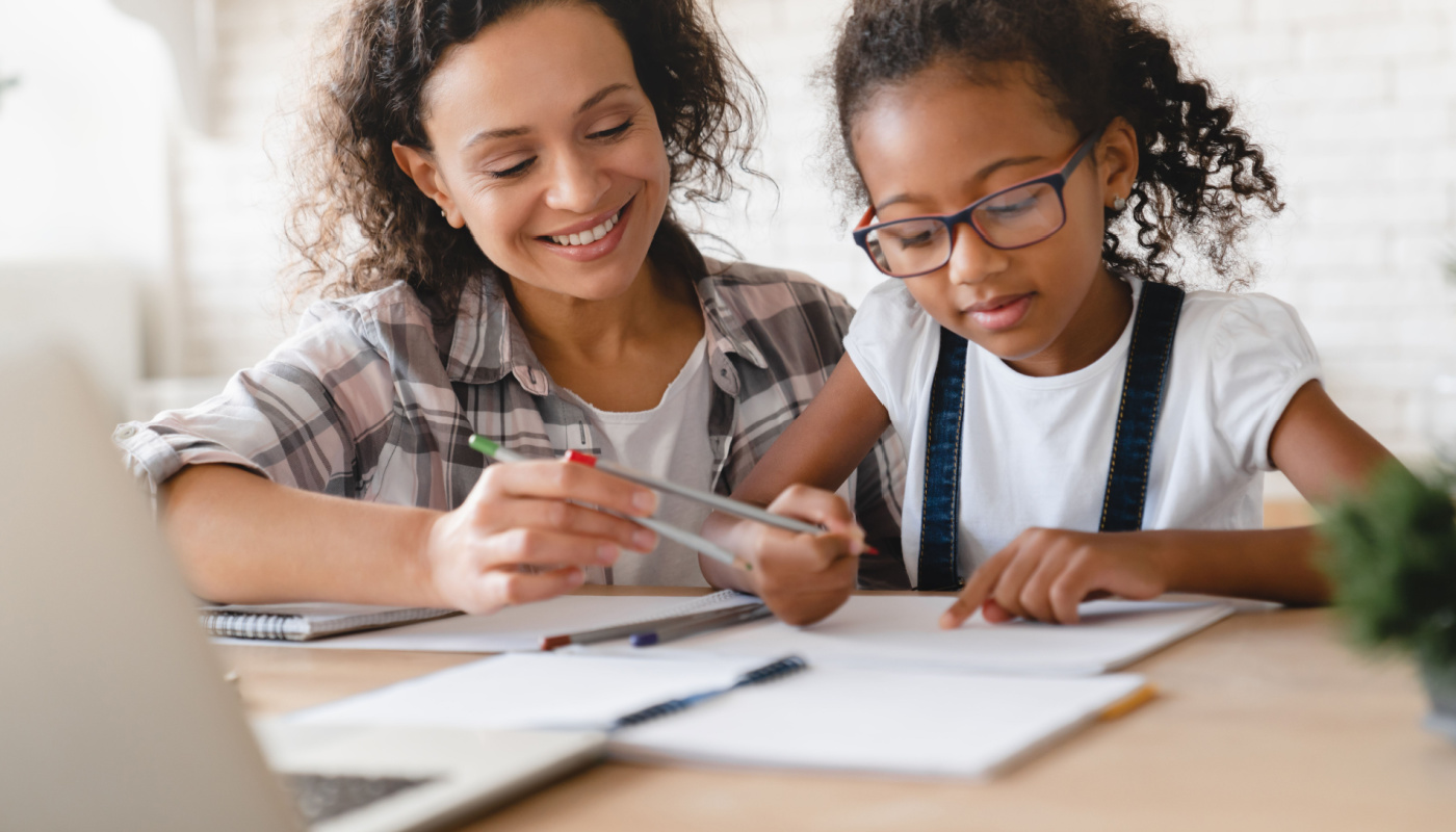 Mother helping daughter with homework; How Much Homework concept